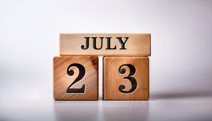 Minimalist photo of wooden blocks with date 23 July. Day and month, calendar on white background