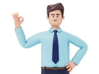 A man with OK gesture in business attire. Symbolizes approval or positivity. 3D rendering, conceptual image. Isolated on white background.