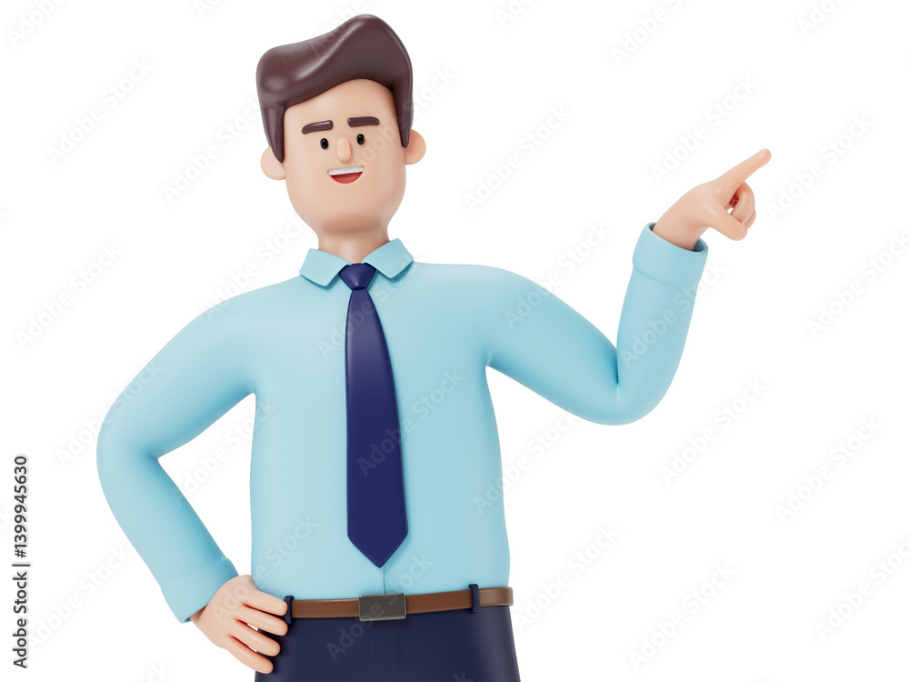 Poster a man points to the side, symbolizing guidance or attention. 3d rendering, conceptual image. isolate