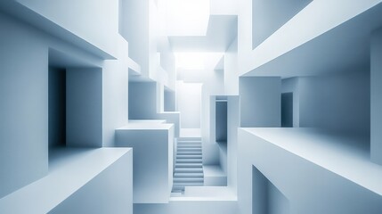 Abstract architectural space with white geometric structures and soft lighting creating depth