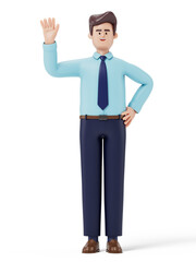 A man in business attire waving, symbolizing greeting or presentation. 3D rendering, conceptual image. Isolated on white background.