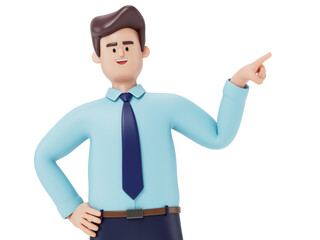 A man points to the side, symbolizing guidance or attention. 3D rendering, conceptual image. Isolated on white background.