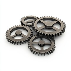 Three metal gears are connected on a white background