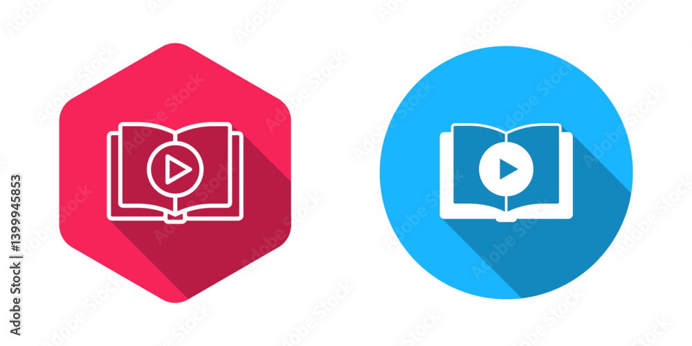 Poster filled and outline audio book icon isolated with long shadow background. play button and book. audio