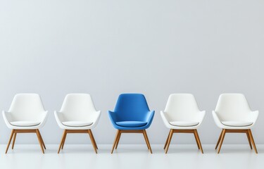 Obraz premium A blue chair sits prominently among white chairs in a row