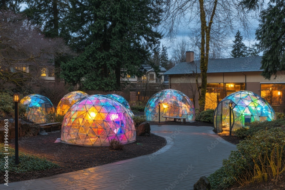 Poster enchanting illuminated geodesic domes glow with vibrant color in a serene garden at twilight creatin