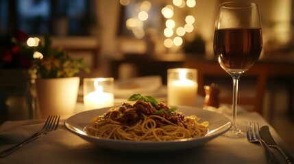 Romantic ambiance with carbonara on a dinner setting, candlelit without people