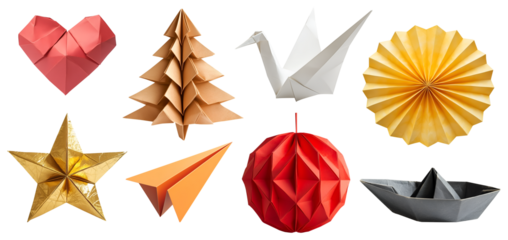 Collection set of origami paper fold of colourful paper, crane bird, plane, star, love heart, lantern, fan, boat, christmas tree on transparent cutout PNG. Many classic pattern. Mockup template 