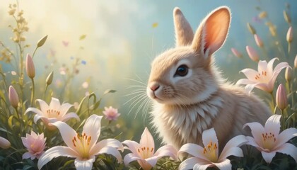 Cute Bunny Among Lily Flowers in a Spring Meadow Setting