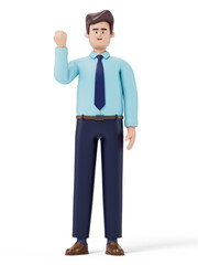 A man raises his fist, symbolizing determination or success. 3D rendering, conceptual image. Isolated on white background.
