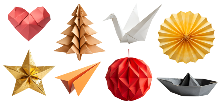 Collection set of origami paper fold of colourful paper, crane bird, plane, star, love heart, lantern, fan, boat, christmas tree on transparent cutout PNG. Many classic pattern. Mockup template 