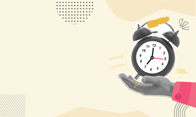 Trendy halftone collage. A hand holds a ringing alarm clock