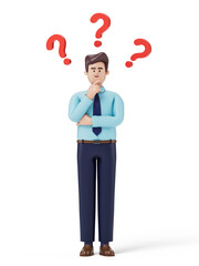 A man thinks, surrounded by floating question marks, symbolizing uncertainty or decision-making. 3D rendering, conceptual image. Isolated on white background.