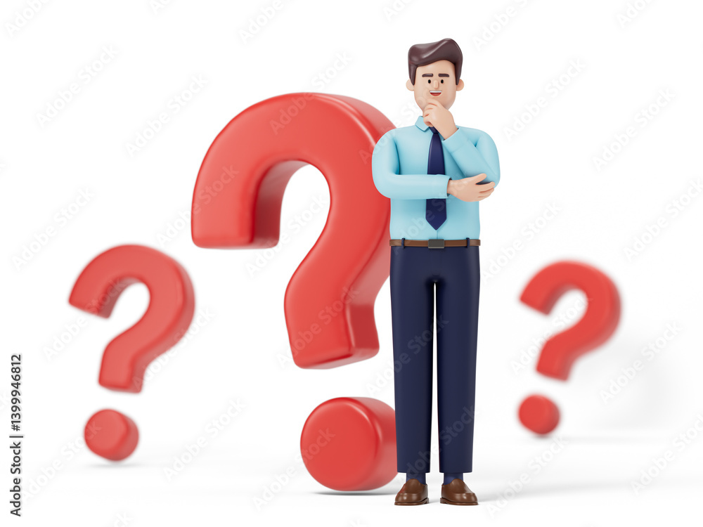 Poster a man ponders, surrounded by question marks, symbolizing confusion or seeking answers. 3d rendering,