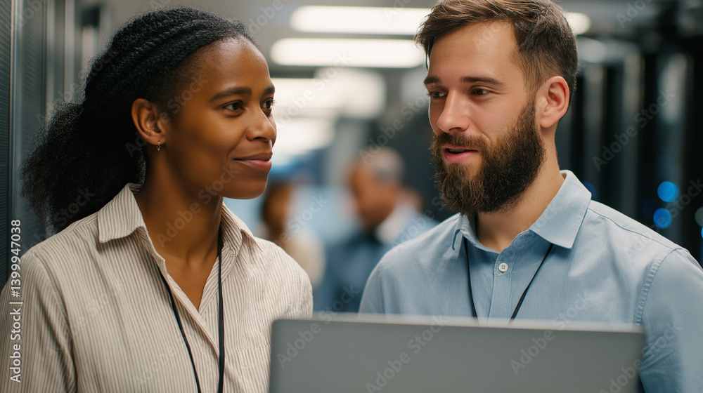 Poster tech collaboration in a data center with diverse professionals