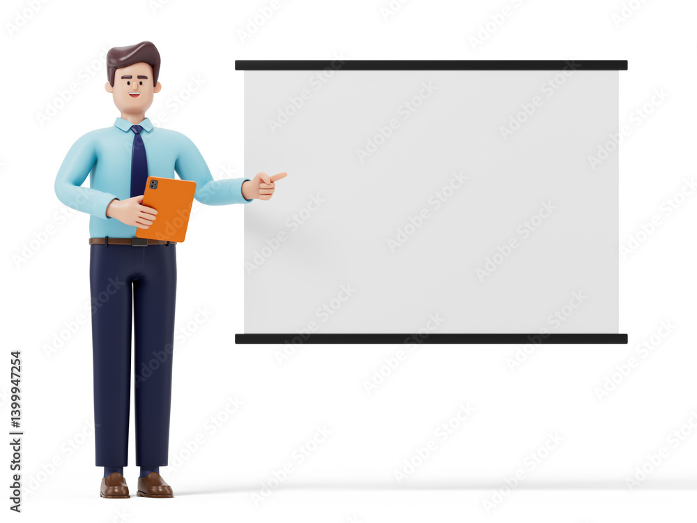 Poster a man holds a tablet, pointing to a blank screen, symbolizing presentation or explanation. 3d render