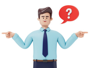 A man shrugs with a question mark above his head, symbolizing uncertainty or confusion. 3D rendering, conceptual image. Isolated on white background.