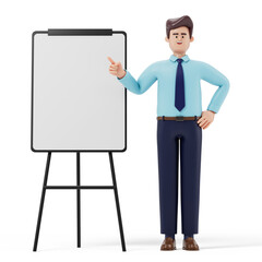 A man points to a blank whiteboard, symbolizing explanation or presentation. 3D rendering, conceptual image. Isolated on white background.