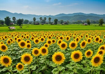 Obraz premium Vibrant Sunflowers Bloom Brightly Under Summer Sky. AI Generated