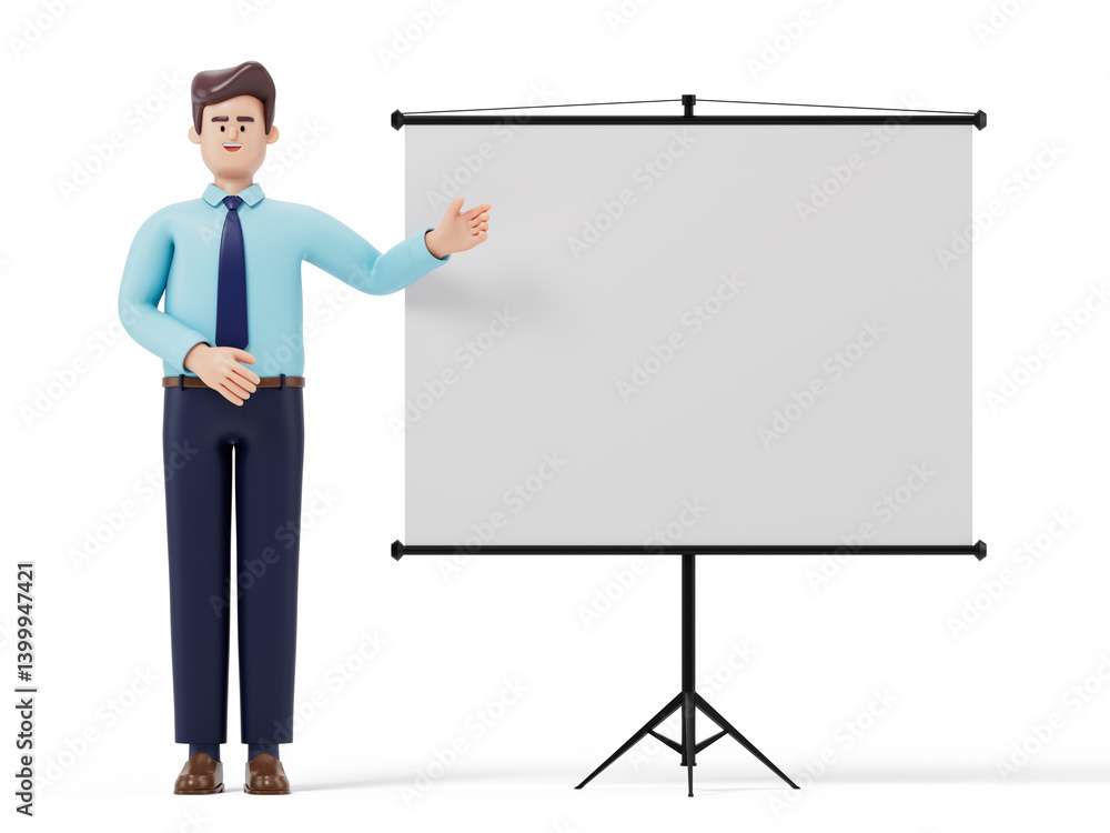 Poster a man gestures towards a blank flip chart, symbolizing preparation for a presentation or lecture. 3d