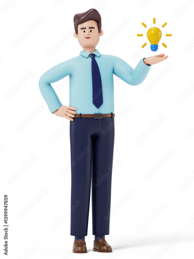 Poster a man presents a glowing lightbulb, symbolizing a new idea or innovation. 3d rendering, conceptual i