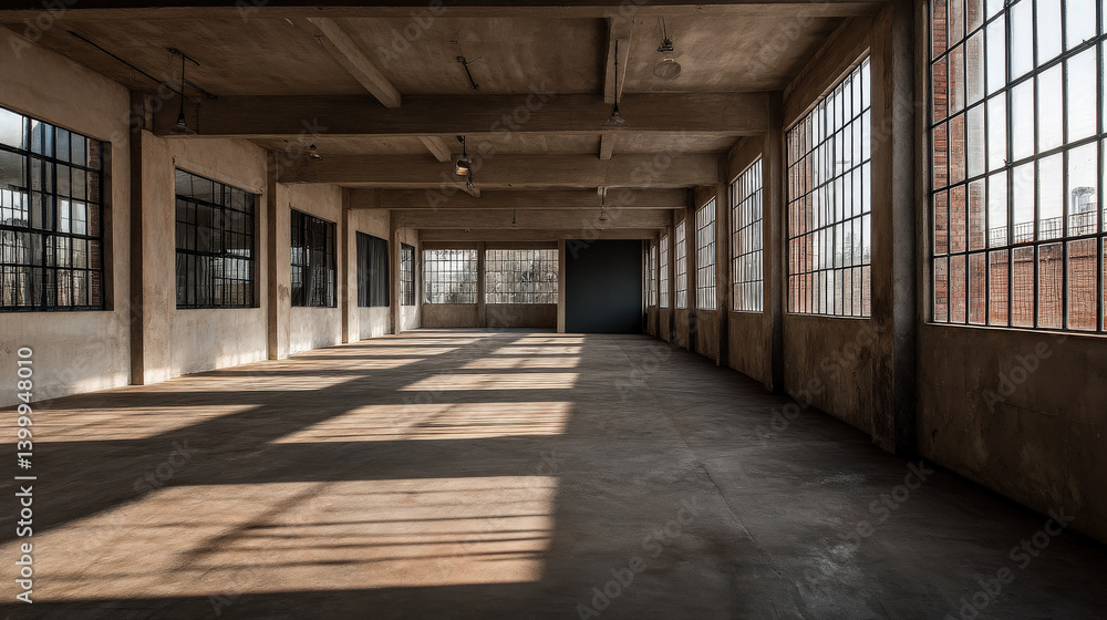 Poster an empty industrial space with large windows allowing natural light to stream in, creating shadows o