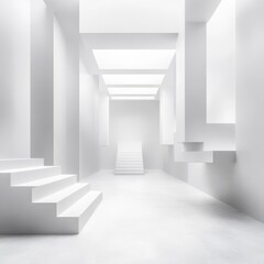 Obraz premium Pristine White Abstract Corridor with Multiple Staircases and Light