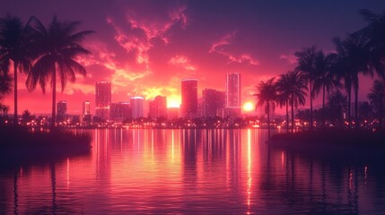 City Skyline At Sunset With Vibrant Reflections In The Water, Lined With Silhouetted Palm Trees, Creating A Tropical Urban Atmosphere.
