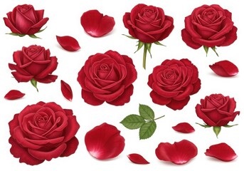 Red rose flowers and petals isolated on white background for romantic design

