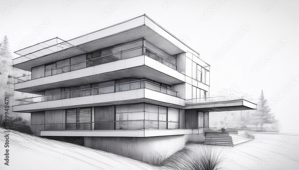 Poster modern architecture showcase depicting a sleek residence with a unique design set against a serene l