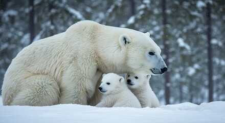 Polar Bear Family's Winter Embrace: Arctic Love and Protection AI Generated
