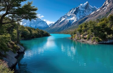 A panoramic view of the majestic Andes Mountains with snow-capped peaks, lush green valleys, and turquoise lakes