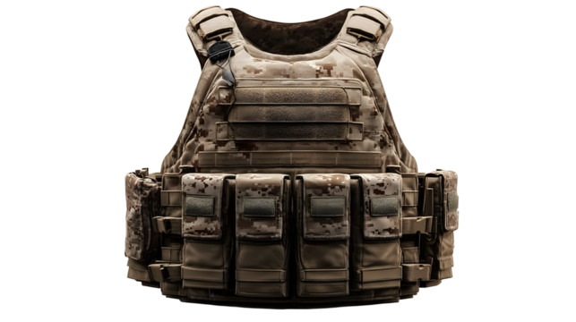 Camouflaged tactical vest isolated on transparent background