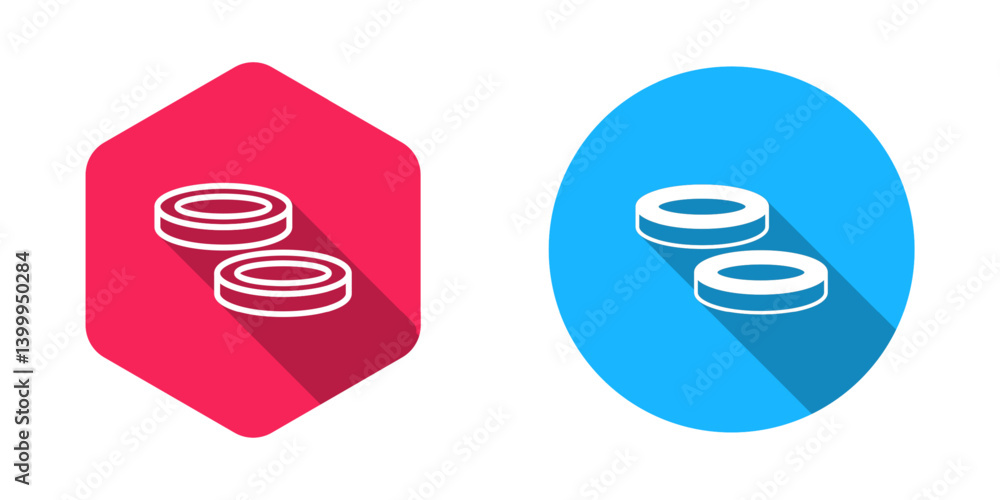 Poster filled and outline checker game chips icon isolated with long shadow background. vector