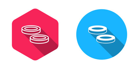 Filled and outline Checker game chips icon isolated with long shadow background. Vector