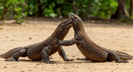 Two Komodo dragons fighting on sand, large lizards facing each other in nature