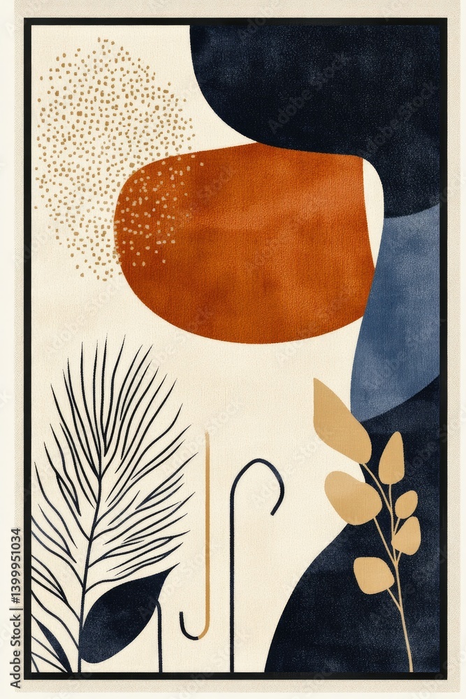 Poster modern abstract art with geometric shapes and botanical elements design