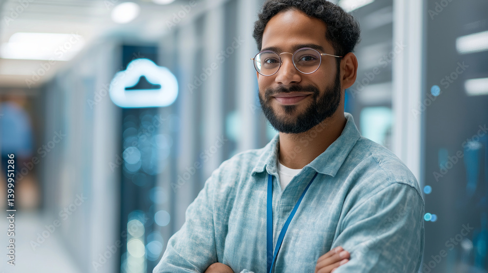 Poster it engineer in data center with cloud and connectivity icons