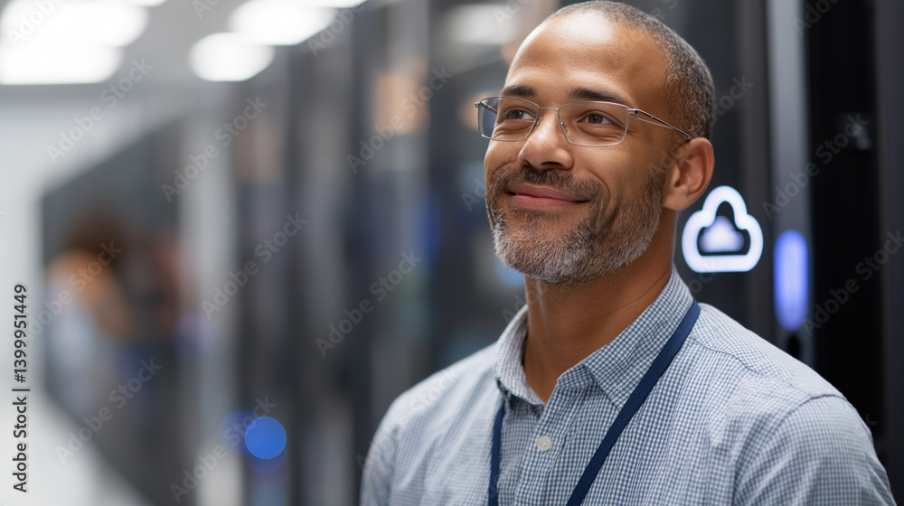 Poster a curious it engineer in a bustling data center environment