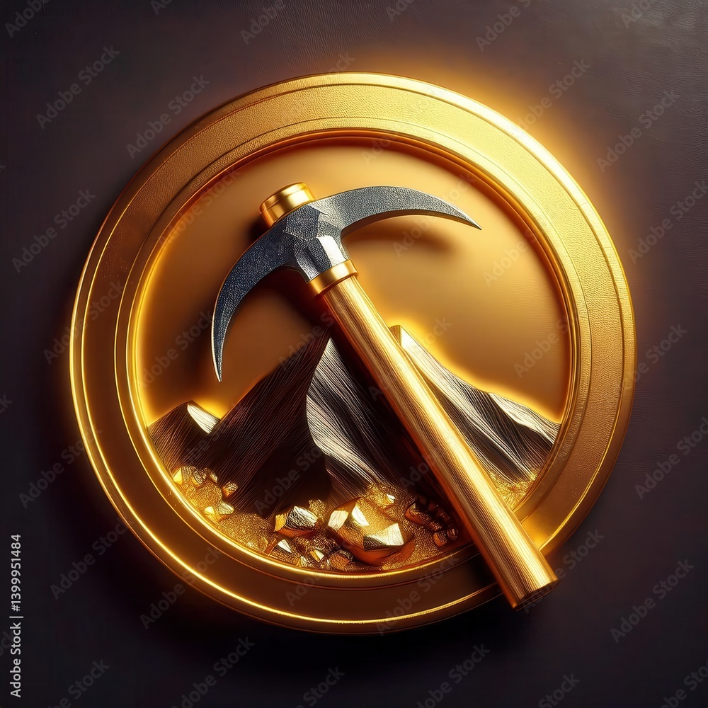 Poster firefly logo featuring a pickaxe and nugget against a mountain backdrop in a shiny golden design