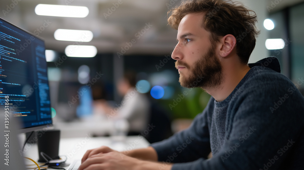 Aufkleber young engineer coding in a modern office environment