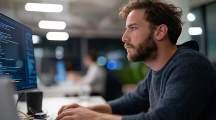 Young Engineer Coding in a Modern Office Environment