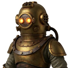 Fototapeta premium A charming steampunk diver robot, ready for underwater exploration, with glowing eyes and intricate brass details.