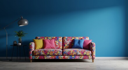 Vibrant Floral Sofa, Teal Room: 3D Render AI Generated
