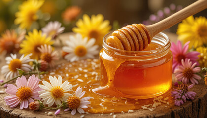 Delicious honey drizzled with wooden dipper surrounded by colorful flowers