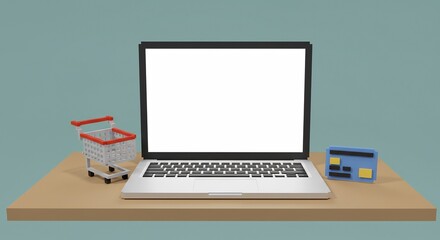Laptop displays online shopping cart credit card minimal design. AI Generated