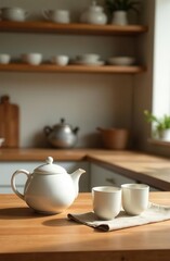 Japandi kitchen with wooden countertop and ceramic teapot