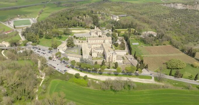 Aerial view of Casamari Abbey located near Frosinone, Lazio, Italy. It is a Cistercian abbey, example of early Italian Gothic architecture in the Burgundian style. It was declared a National Monument.