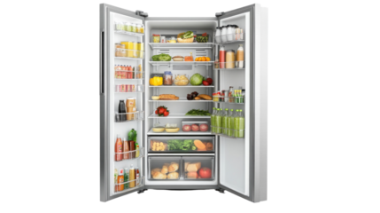 Open refrigerator filled with fresh fruits, vegetables, sauces, and beverages, highlighting a well-stocked kitchen. Perfect for meal preparation and healthy eating