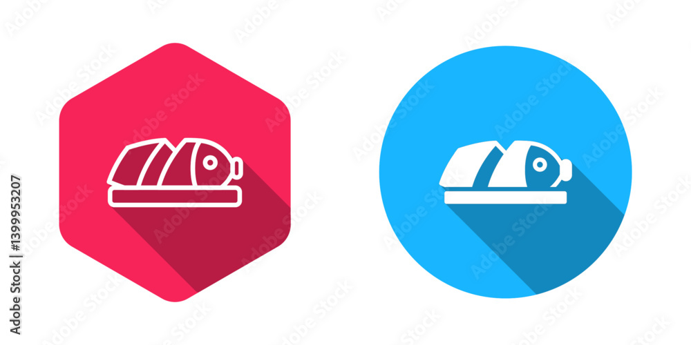 Poster filled and outline fish with sliced pieces with knife icon isolated with long shadow background. vec